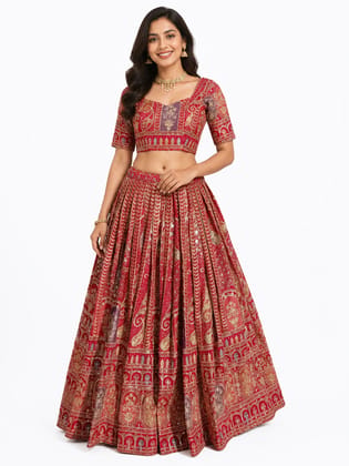 Women's Printed Red Silk Blend Lehenga Choli Set