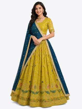 Women's Mustard and Teal Digital Printed Art Silk Lehenga Choli Set