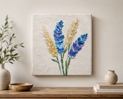 Hand-Painted Impasto Lavender and Wheat Canvas Wall Art, 30x30cm