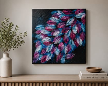 Textured Palette Knife Impasto Art Pink & Blue Leaves