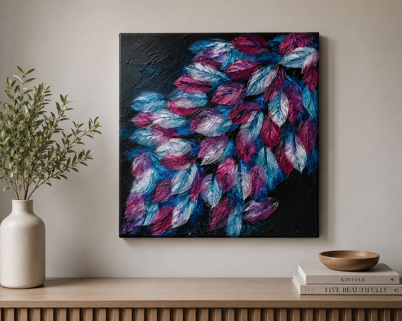 Textured Palette Knife Impasto Art Pink & Blue Leaves