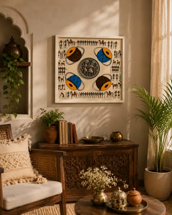 Handcrafted Warli Art Frame with Metal Floral Centerpiece