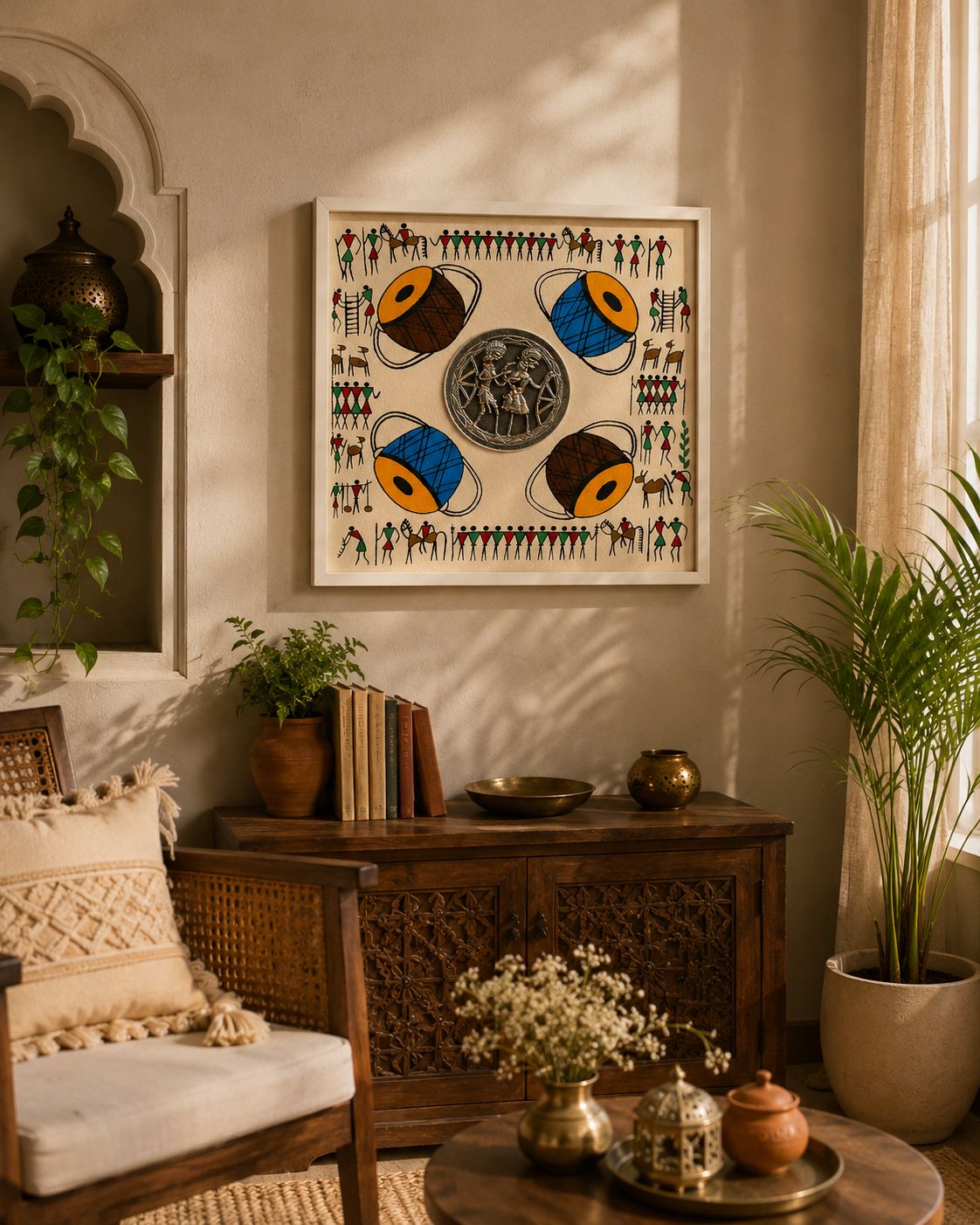 Handcrafted Warli Art Frame with Metal Floral Centerpiece