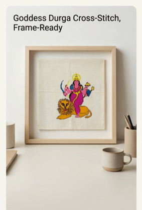 Handmade Goddess Durga Cross-Stitch on Linen Fabric Handmade Goddess Durga Cross-Stitch on Linen Fabric