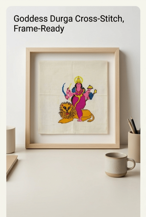 Handmade Goddess Durga Cross-Stitch on Linen Fabric