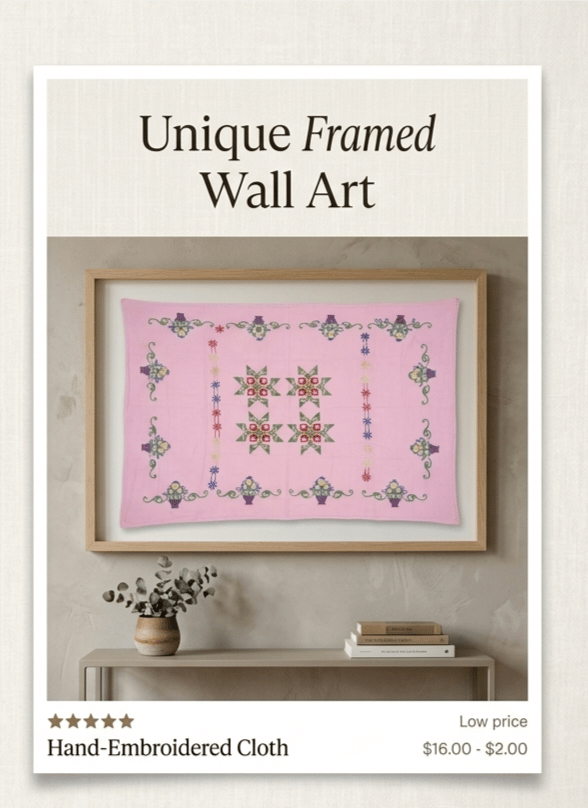 Hand-Embroidered Pink Tablecloth or Wall Art