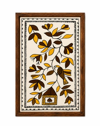 Kalamkari Bird & Hut Tree of Life Framed Painting