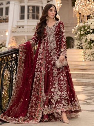 Baroque Deep Red Heavily Embroidered Organza Gown(unstiched) 