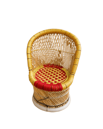 Handmade Bamboo Rattan Mudda Chair with Red Yellow Woven Seat Handmade Bamboo Rattan Mudda Chair with Red Yellow Woven Seat