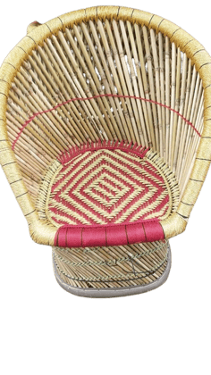 Handmade Bamboo Rattan Mudda Chair with Red Yellow Diamond Pattern Handmade Bamboo Rattan Mudda Chair with Red Yellow Diamond Pattern