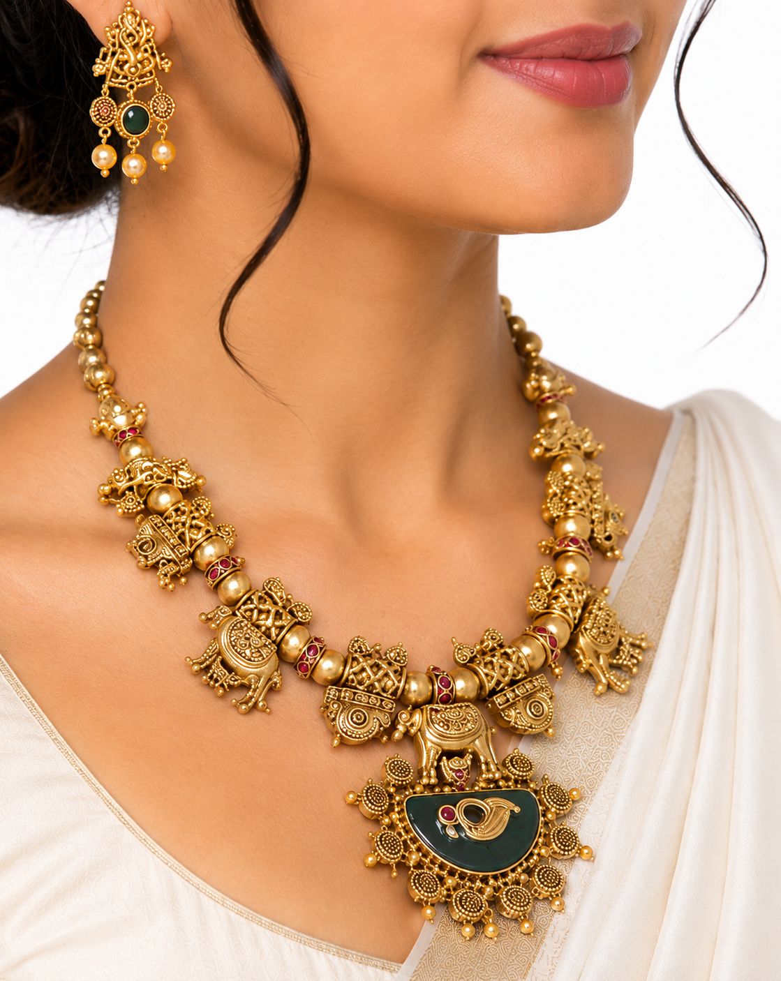 Gold Plated Temple Jewellery Necklace Set with Elephant Motifs and Green Stone