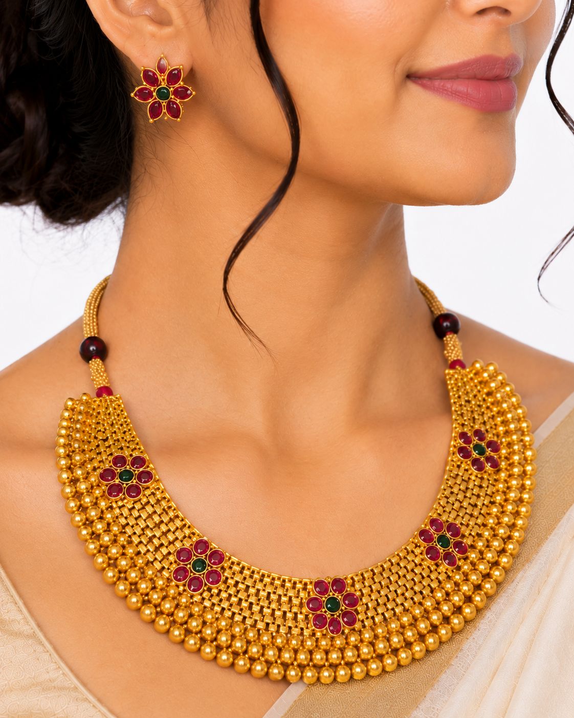 Gold Plated Traditional Floral Stone Necklace Set with Earring