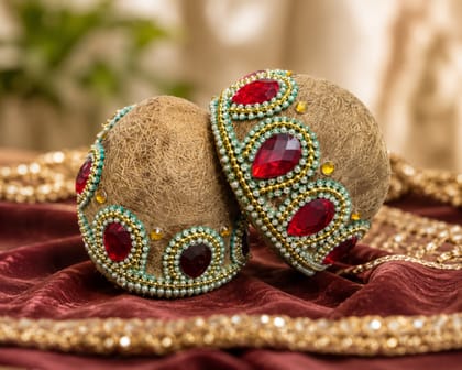 Decorative Lagan Nariyal Set with Red Stones (Pack of 2) Decorative Lagan Nariyal Set with Red Stones (Pack of 2)