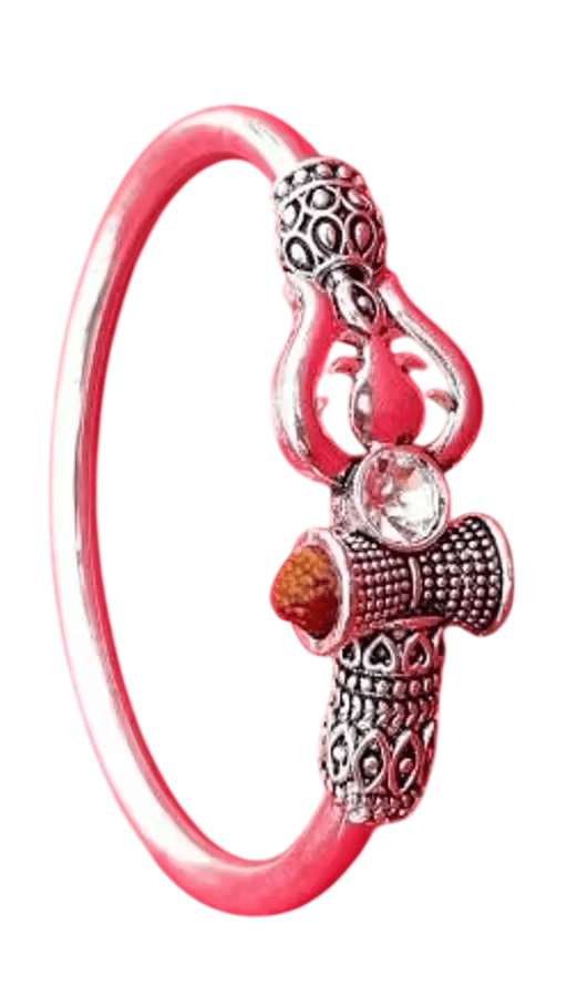 Silver Oxidized Om Trishul Rudraksha Damroo Cuff Kada Bangle For Men