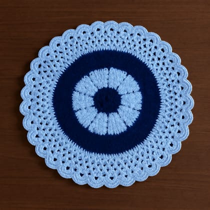 Hand-Crocheted Evil Eye Circular Placemat / Doily - Blue & White Hand-Crocheted Evil Eye Circular Placemat / Doily - Blue & White