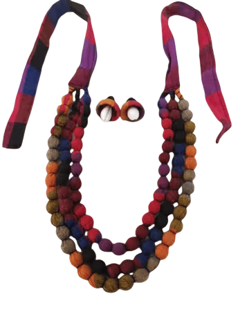 Handcrafted Fabric Bead Layered Necklace with Shell Earrings Set