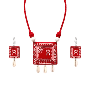 Handmade Terracotta Warli Art Jewellery Set - Red with Cowrie Shells