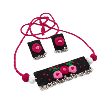 Handmade Floral Embroidery Fabric Choker and Earring Set