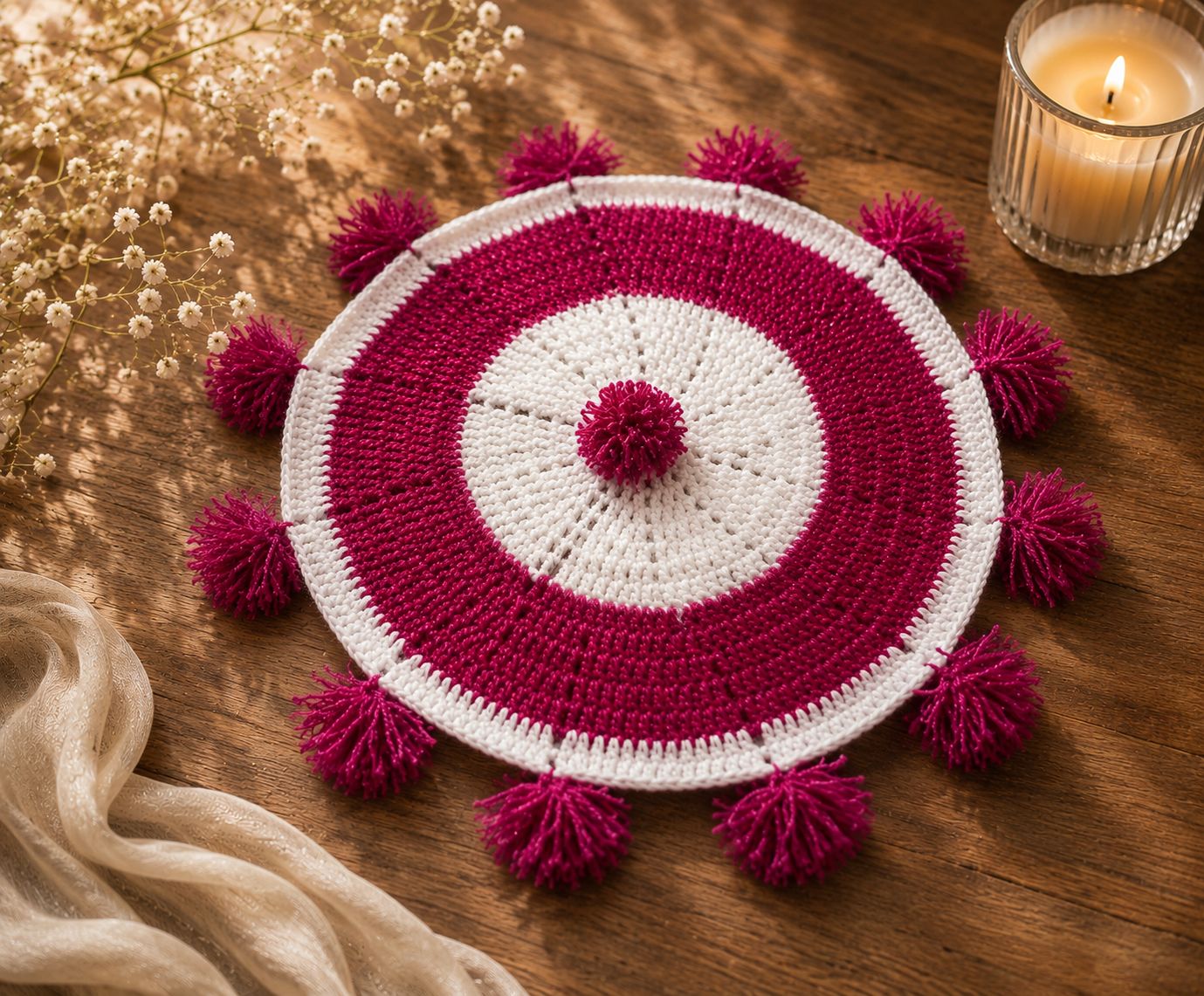 Handmade Crocheted Pooja Aasan - Pink & White (25cm)