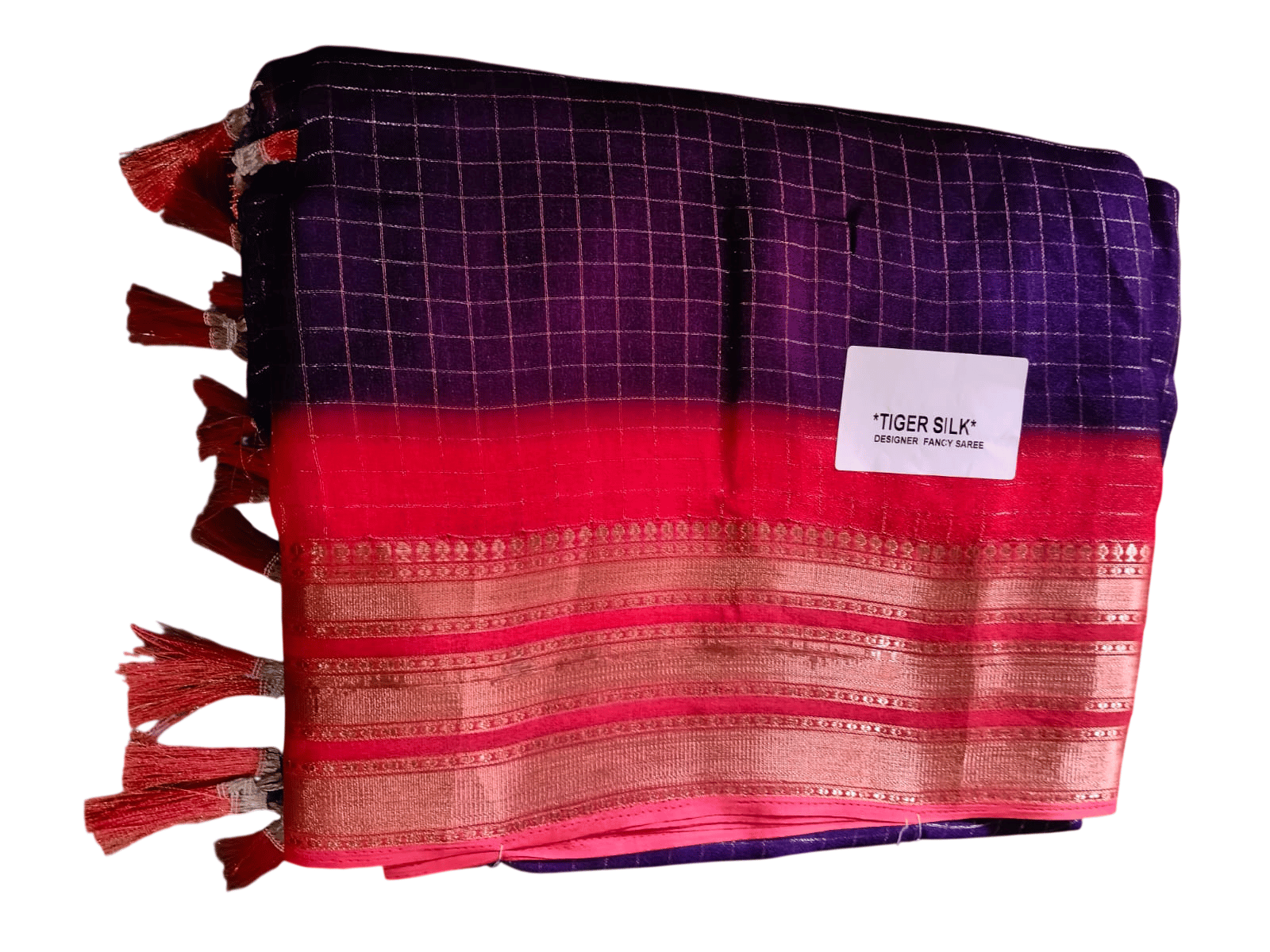 Tiger Silk Designer Fancy Saree - Purple and Red - with Tassels