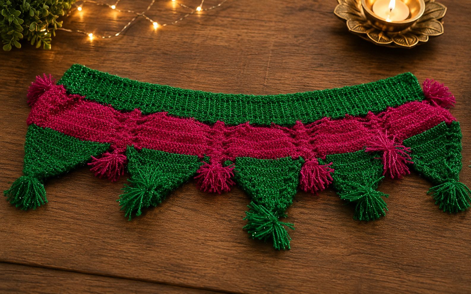 Handmade Woolen Toran for Door - Green & Pink