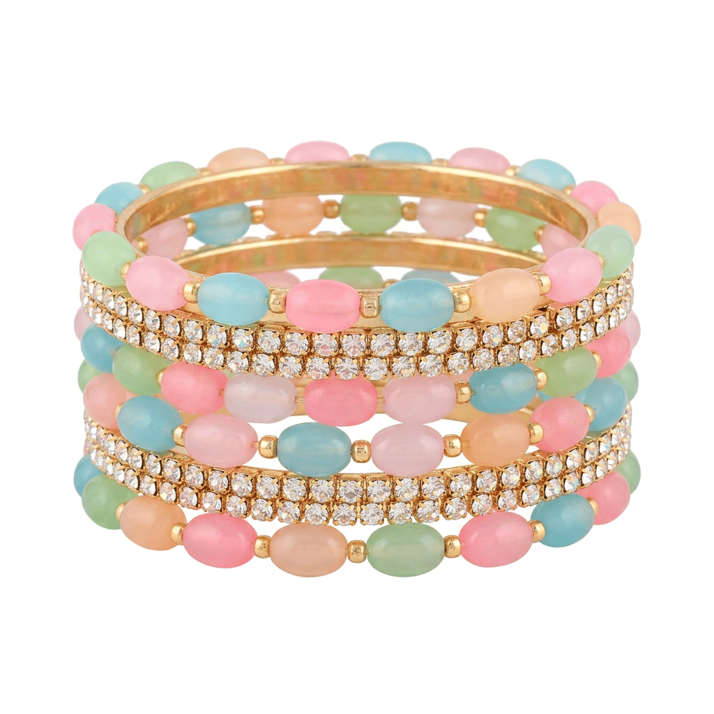 Pastel Multicolor and CZ Stone Gold-Plated Bangle Set (size 2.6 * 2 Pieces)