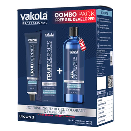 Vakola Professional FruitBerries Gel Hair Colourant Dark Brown 4 Tubes x 100g with 500g Gel Developer, No Scalp Stain, No Dripping, 100% Grey Coverage