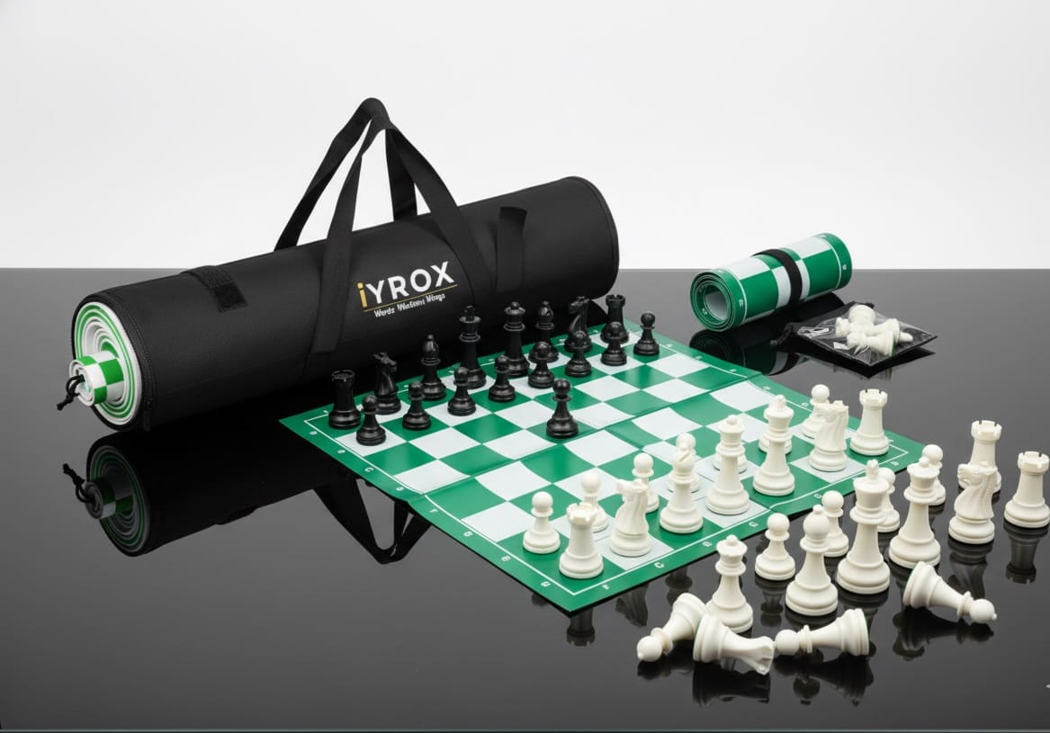 iYROX 18×18 Inch Foldable Vinyl Chess Game – 34 Pieces with Storage Bag (Green)