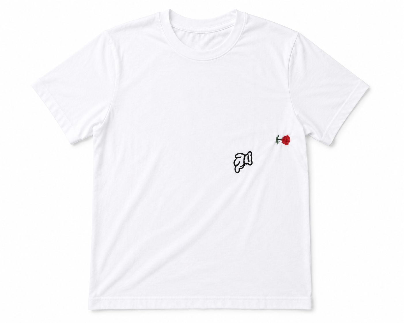 White T-shirt with Rose and Bear Embroidery