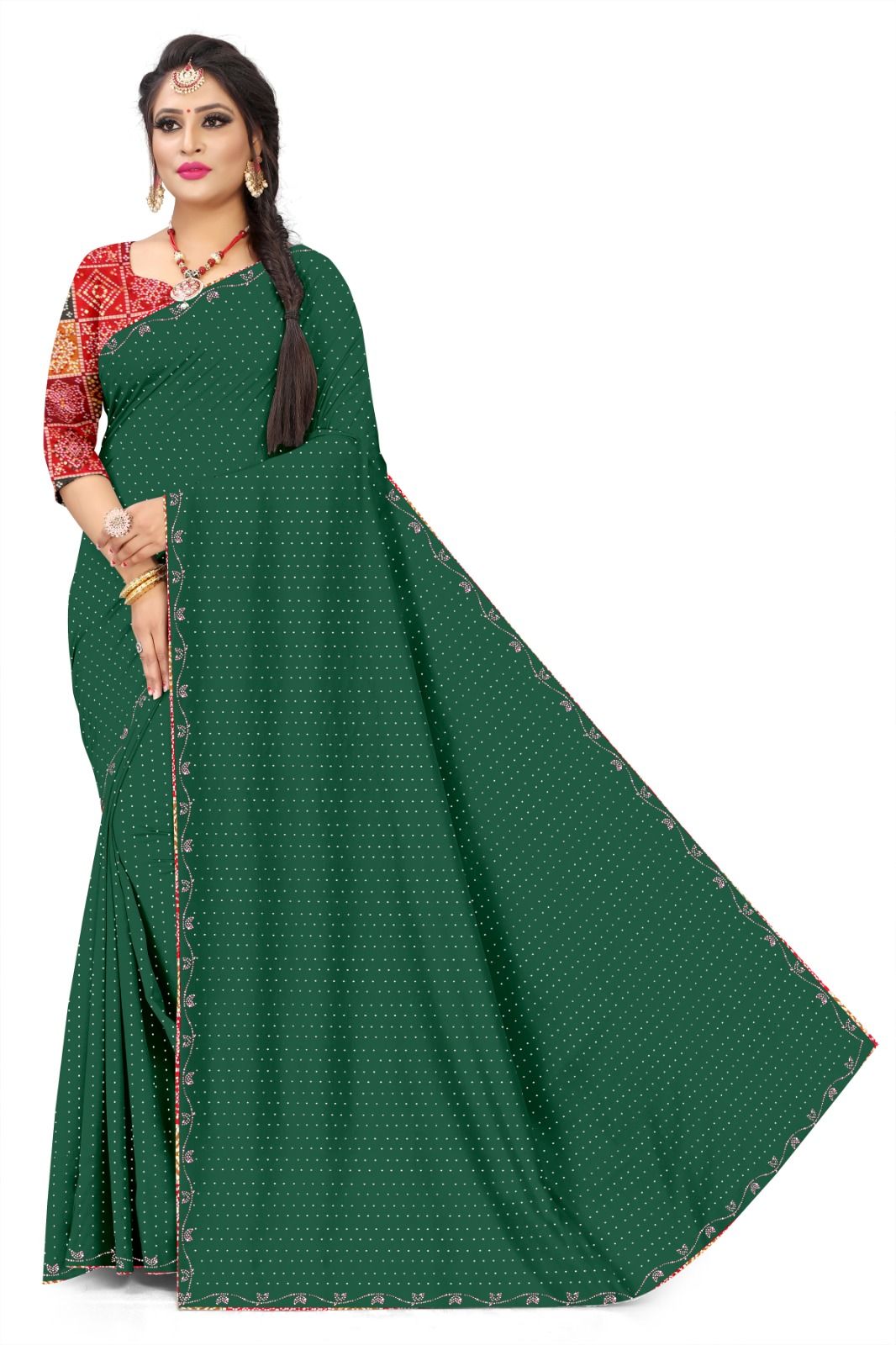 Women's Maroon Georgette Saree with Multicolored Geometric Blouse