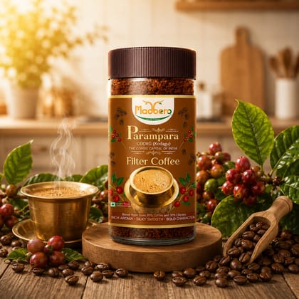 Madbero Parampara Premium Filter Coffee Powder | Rich Aroma and Authentic South Indian Coffee from Coorg (Kodagu) | Blend of 80% coffee & 20% Chocory | 150g