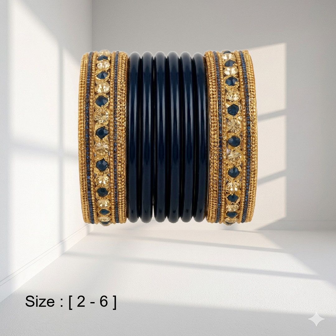 Blue and Gold Embellished Bangles Set: Lac-crafted Lahathi