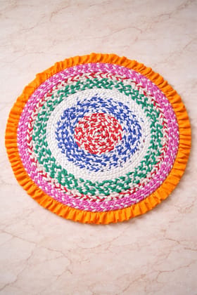Handmade Multi-Colored Round Braided Floor Mat with Orange Ruffle Border Handmade Multi-Colored Round Braided Floor Mat with Orange Ruffle Border