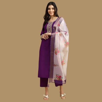 AURELIA Women's Purple Embroidered Kurta Trouser Dupatta Set