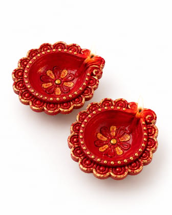 Diwali Special Handpainted Red Clay Diya Set of 2