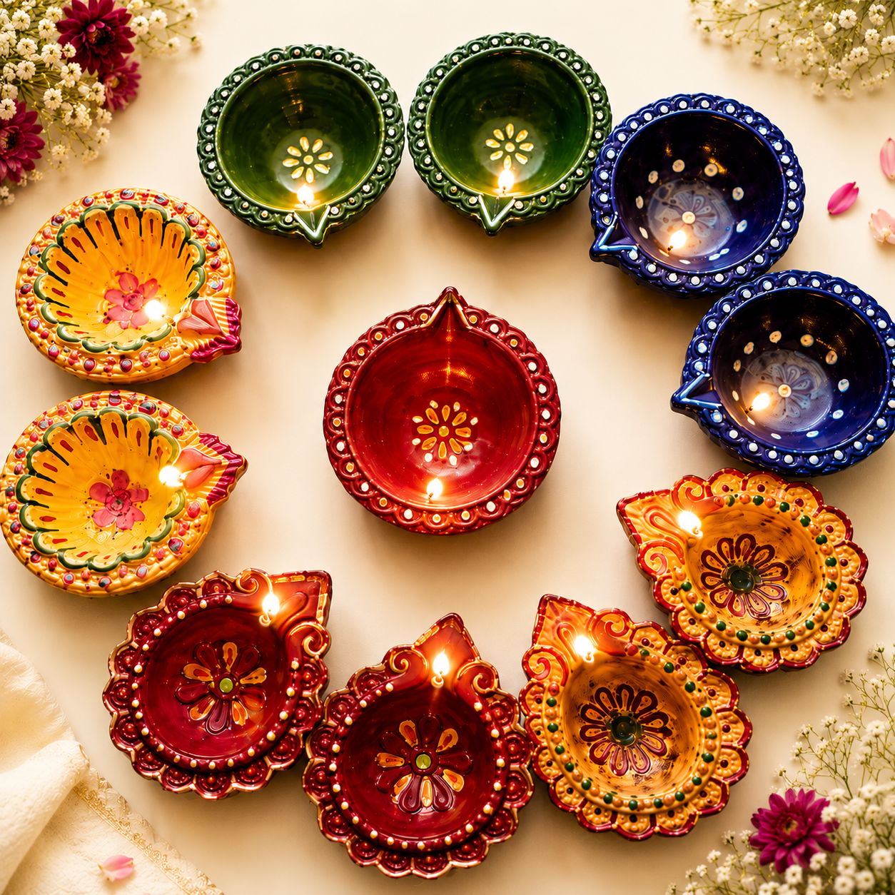 Hand-Painted Multi-Color Ceramic Diya Set - Assorted Designs, Pack of 10