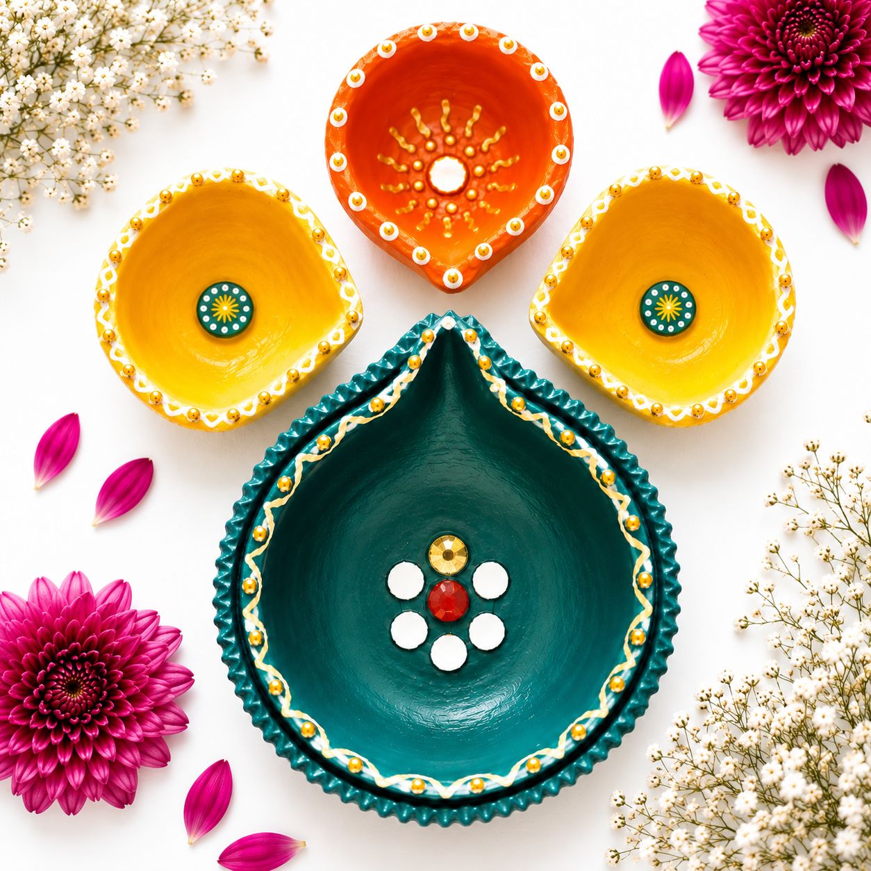 Hand-Painted Clay Diya Set for Diwali - 4 Pcs Assorted Colors