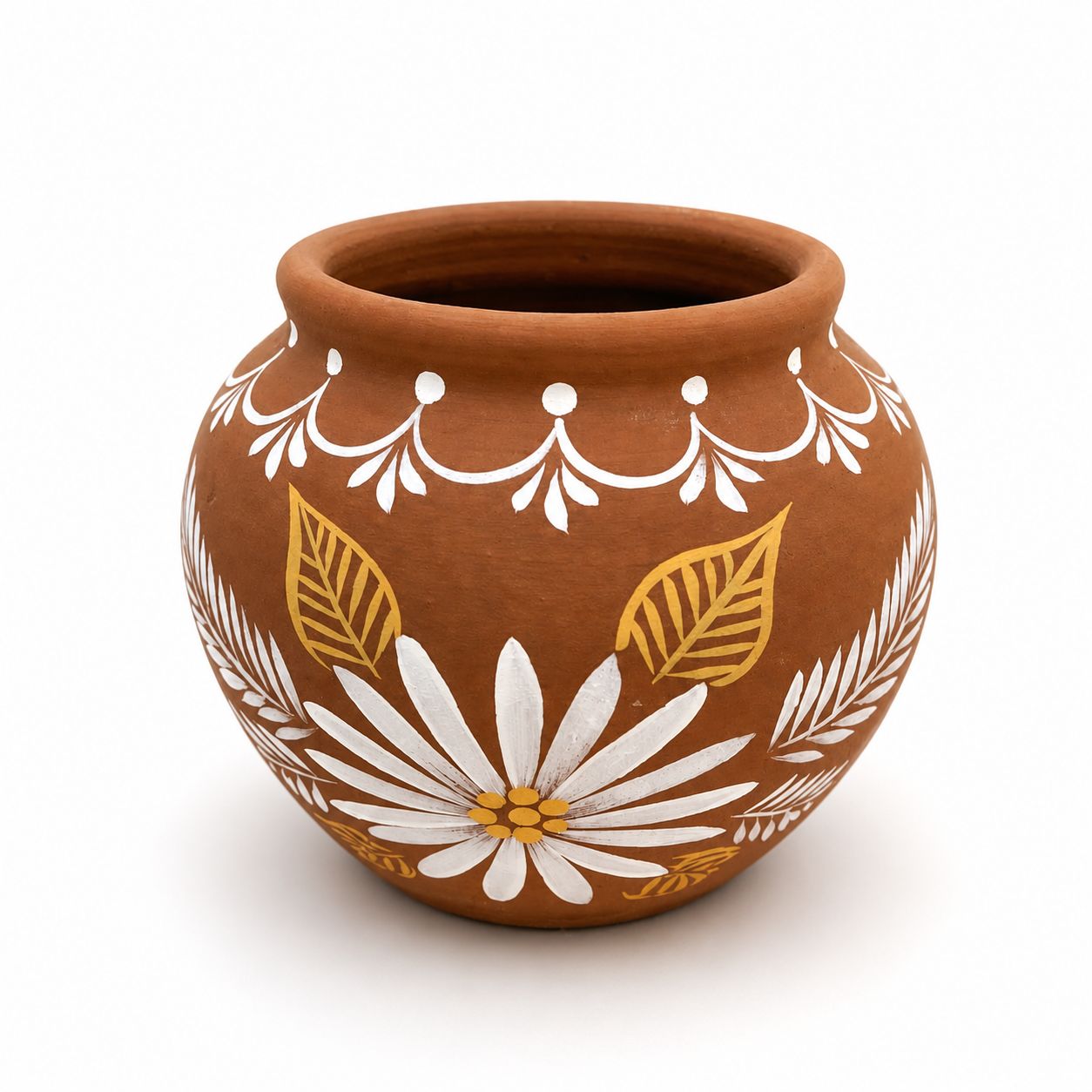 Hand-Painted Terracotta Pot with Floral Design