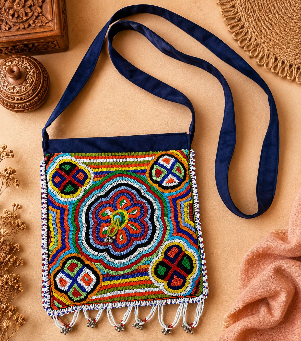 Multicolor Floral Beaded Crossbody Bag