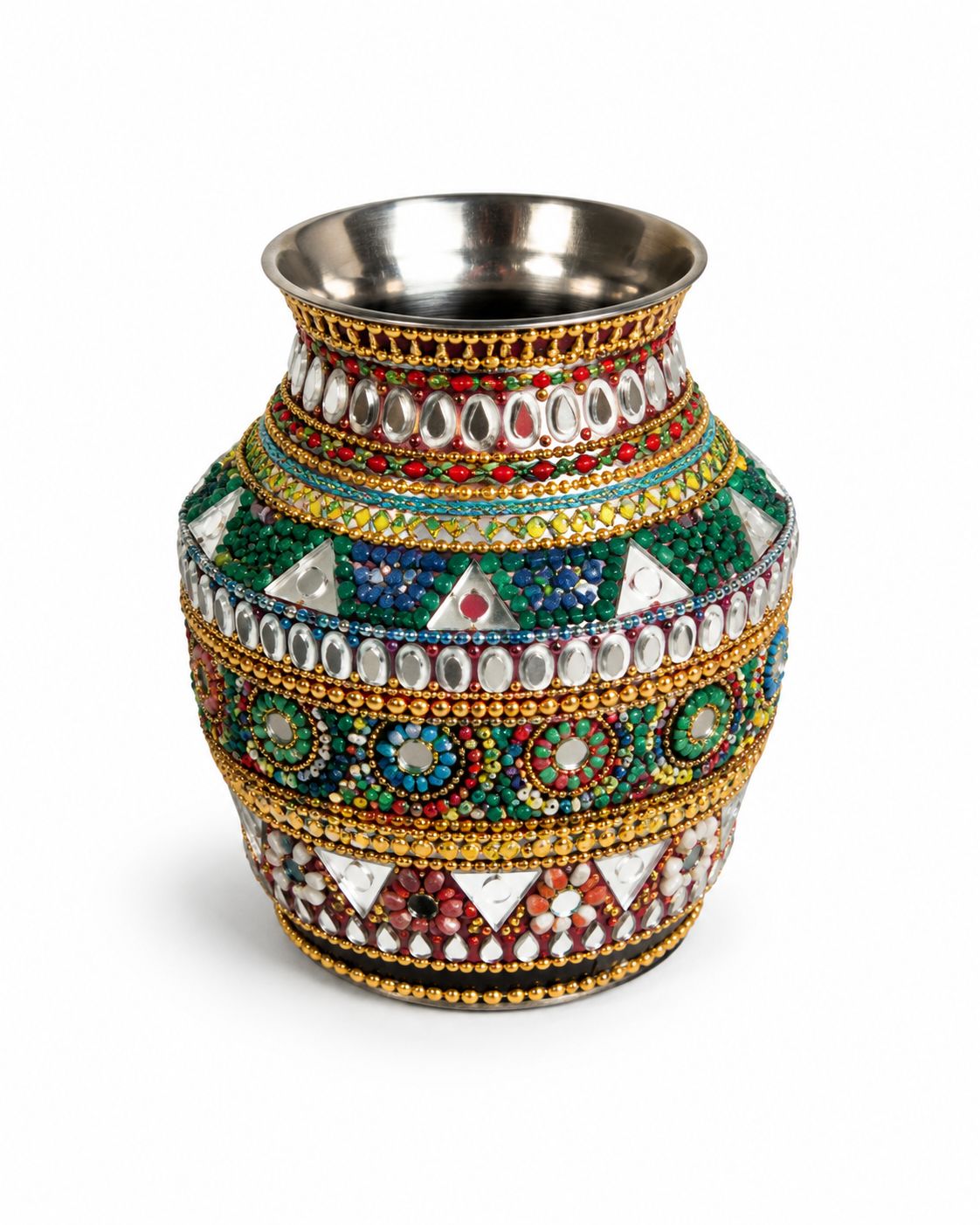 Handcrafted Indian Festive Metal Lota with Intricate Bead and Mirror Work