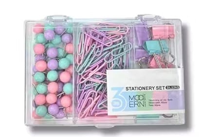 Pastel Stationery Set with Push Pins, Paper Clips & Binder Clips