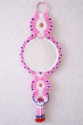 Pink and White Macrame Wall Hanging Mirror with Beads