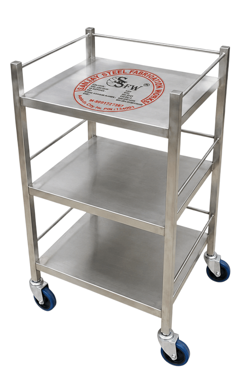 SSFW Premium Stainless Steel 3-Shelf Instrument Trolley with 100mm Heavy Castor  Wheels (202 Grade)