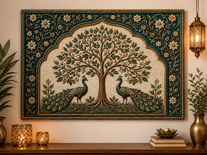 Intricate Peacock & Tree of Life Gold Embossed Metal Wall Art