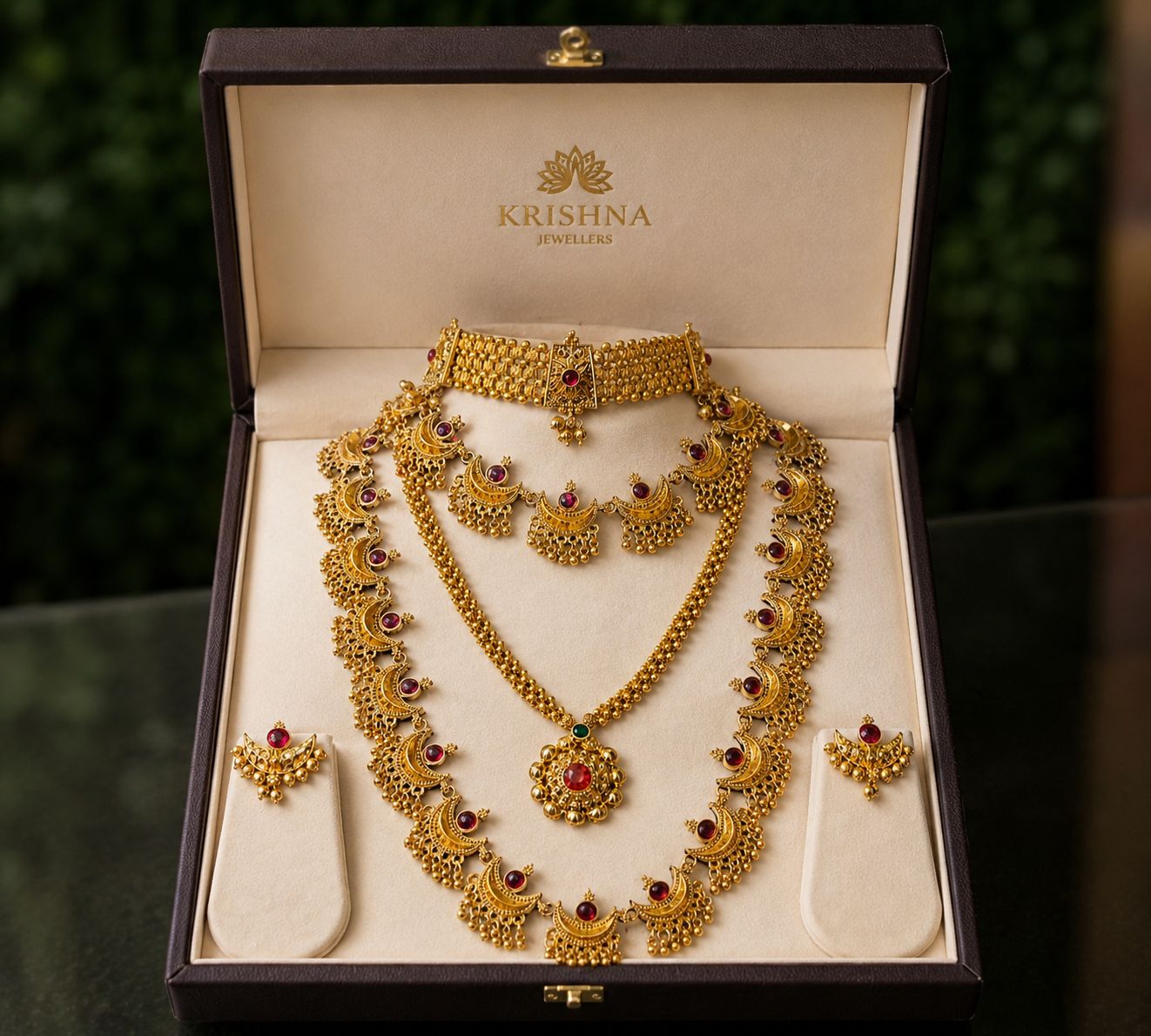 Aai Renuka Jewellers Gold Plated Ruby Emerald Bridal Choker long Necklace Set