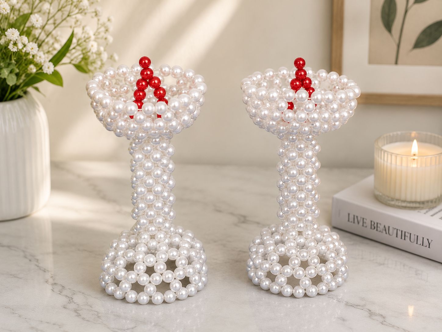 Faux Pearl Handcrafted Pillar Candle Holder Set (2 Pieces)
