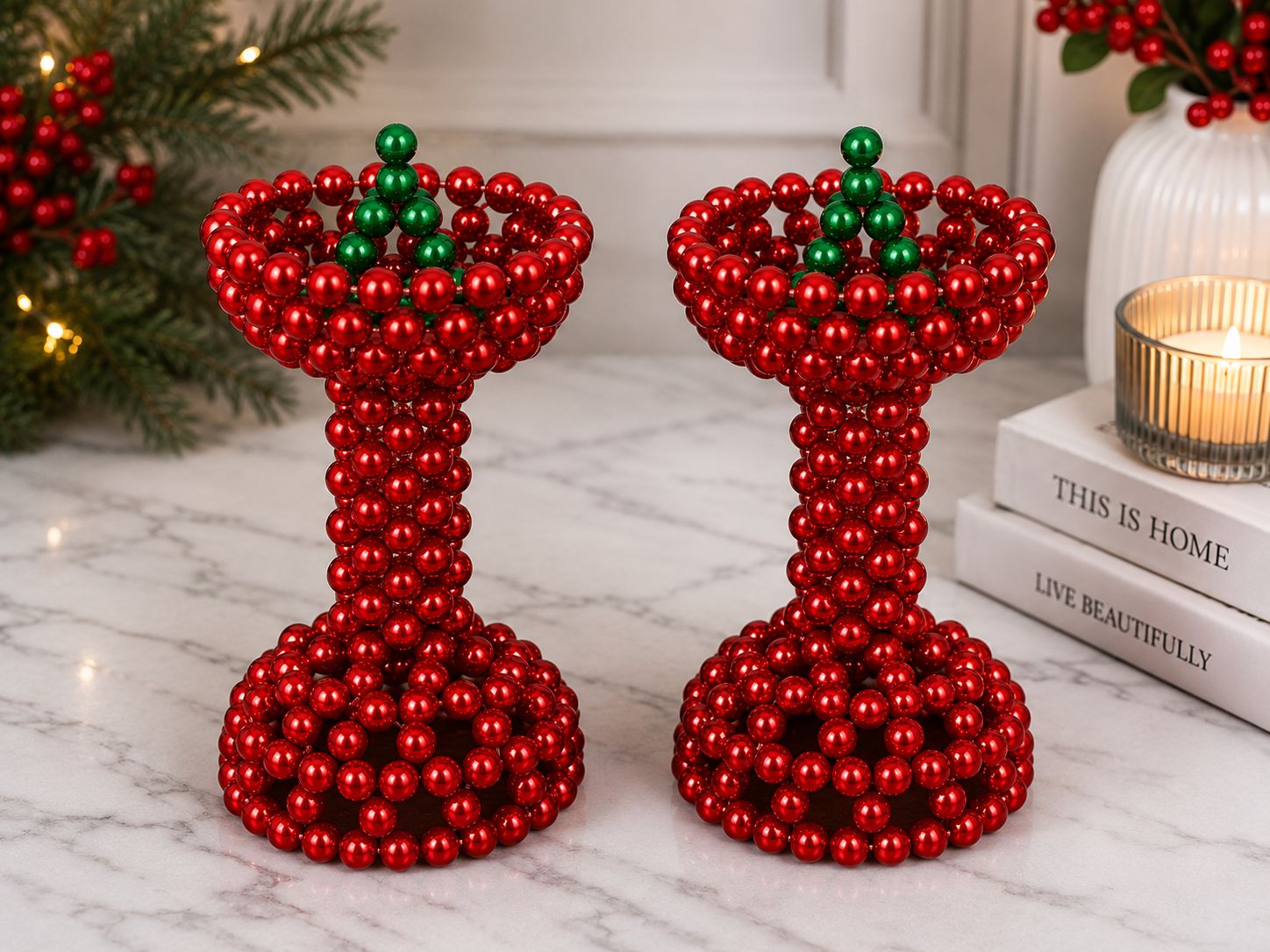 Holiday Red and Green Beaded Goblet Votive Holders (Set of 2)