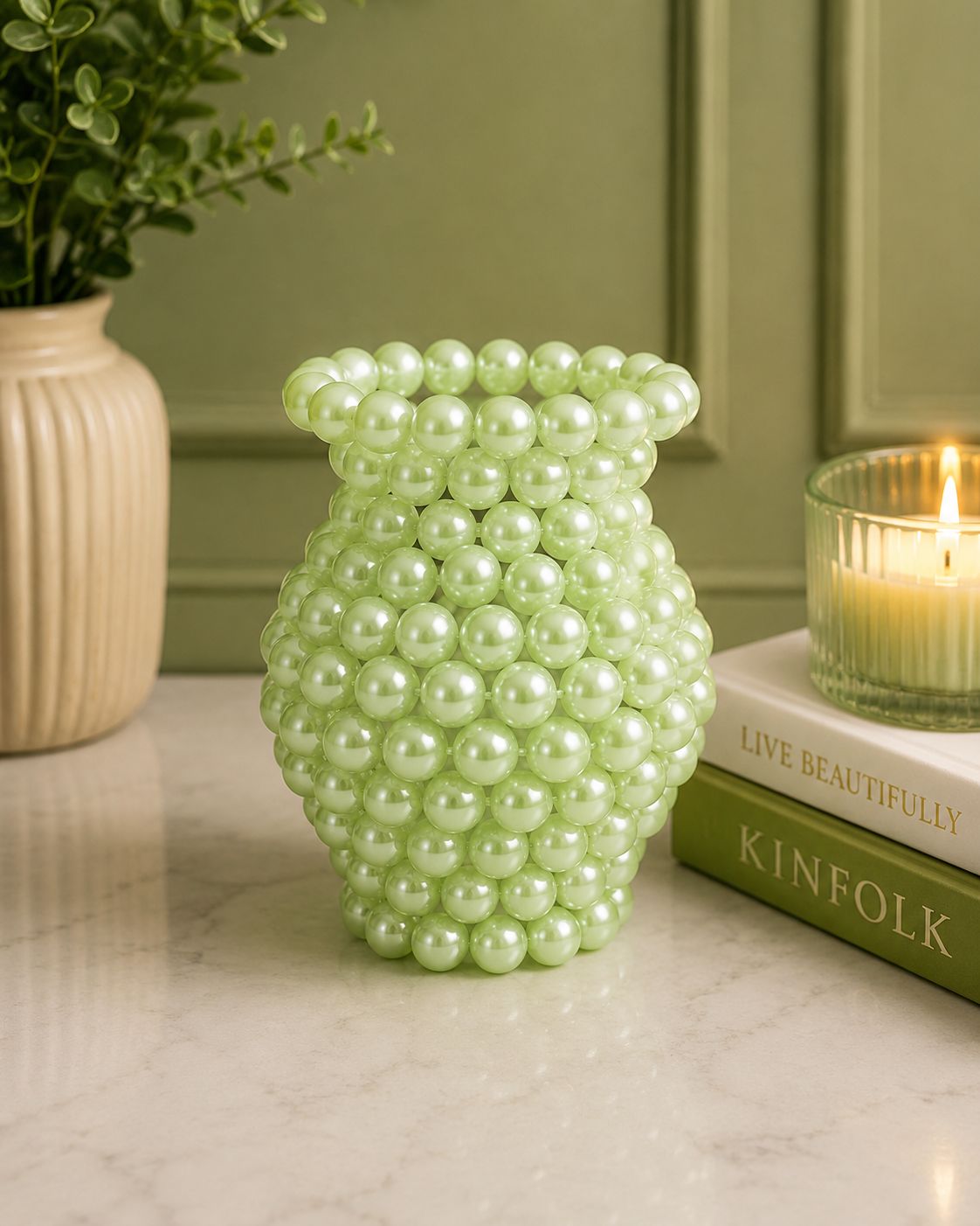 Light Green Pearl Faux Beaded Decorative Vase