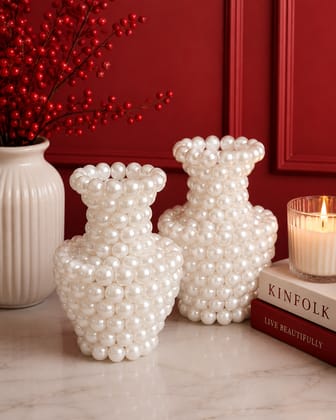 Luxury Pearl Beaded Vases, White Decorative Vases for Home Decor - Set of 2
