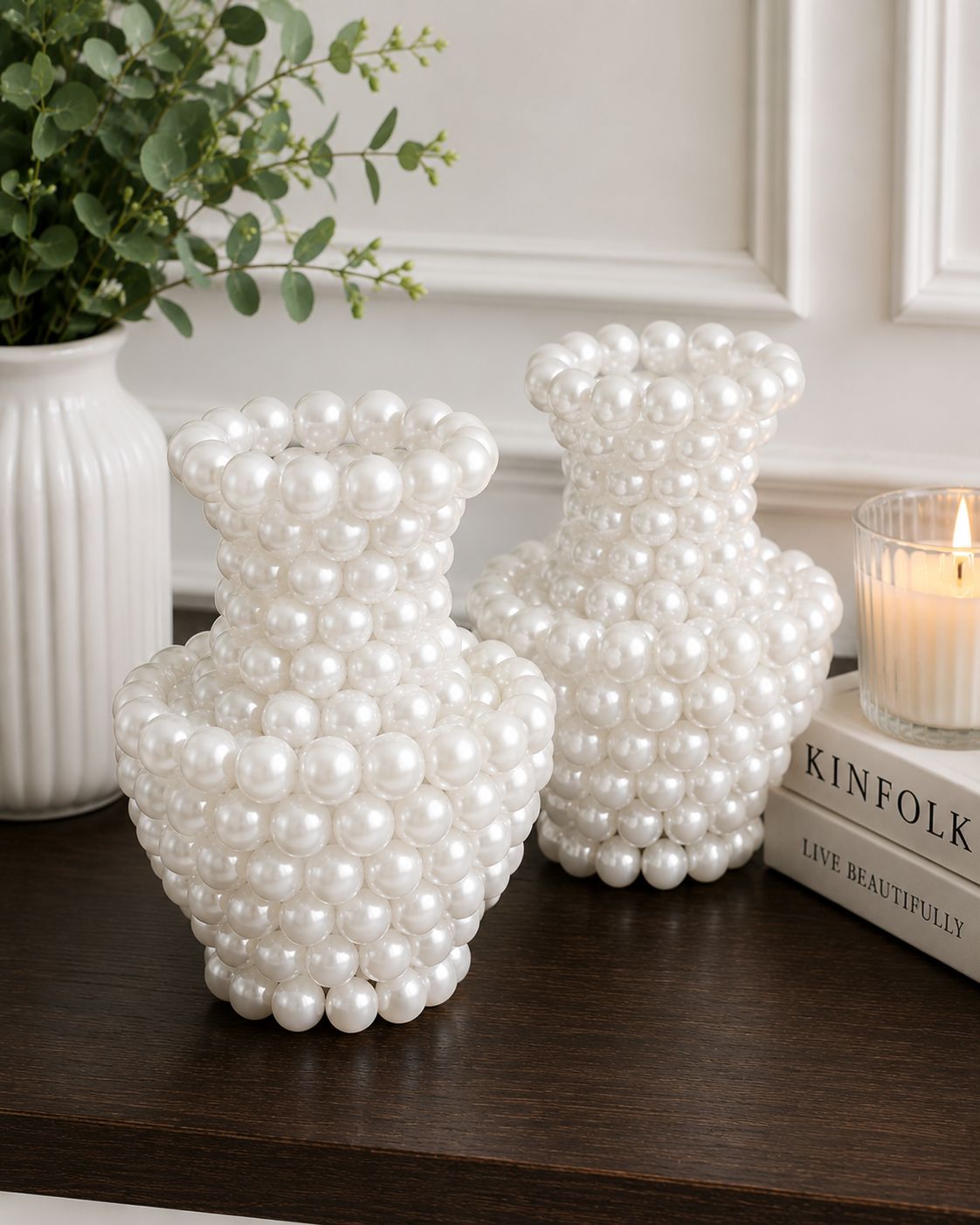 Luxury Pearl Beaded Vases, White Decorative Vases for Home Decor - Set of 2
